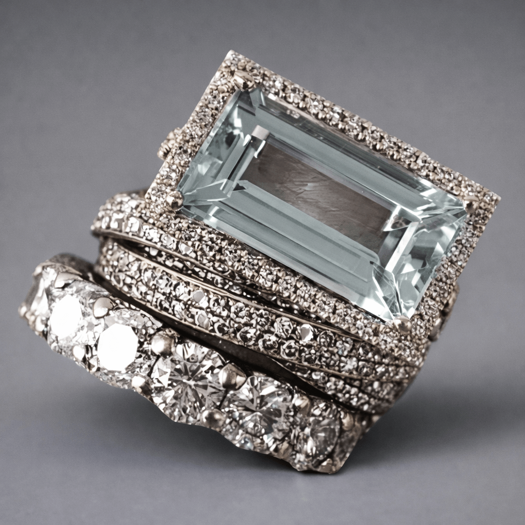 Silver-tone three-band stacking ring set with a rectangular aqua stone