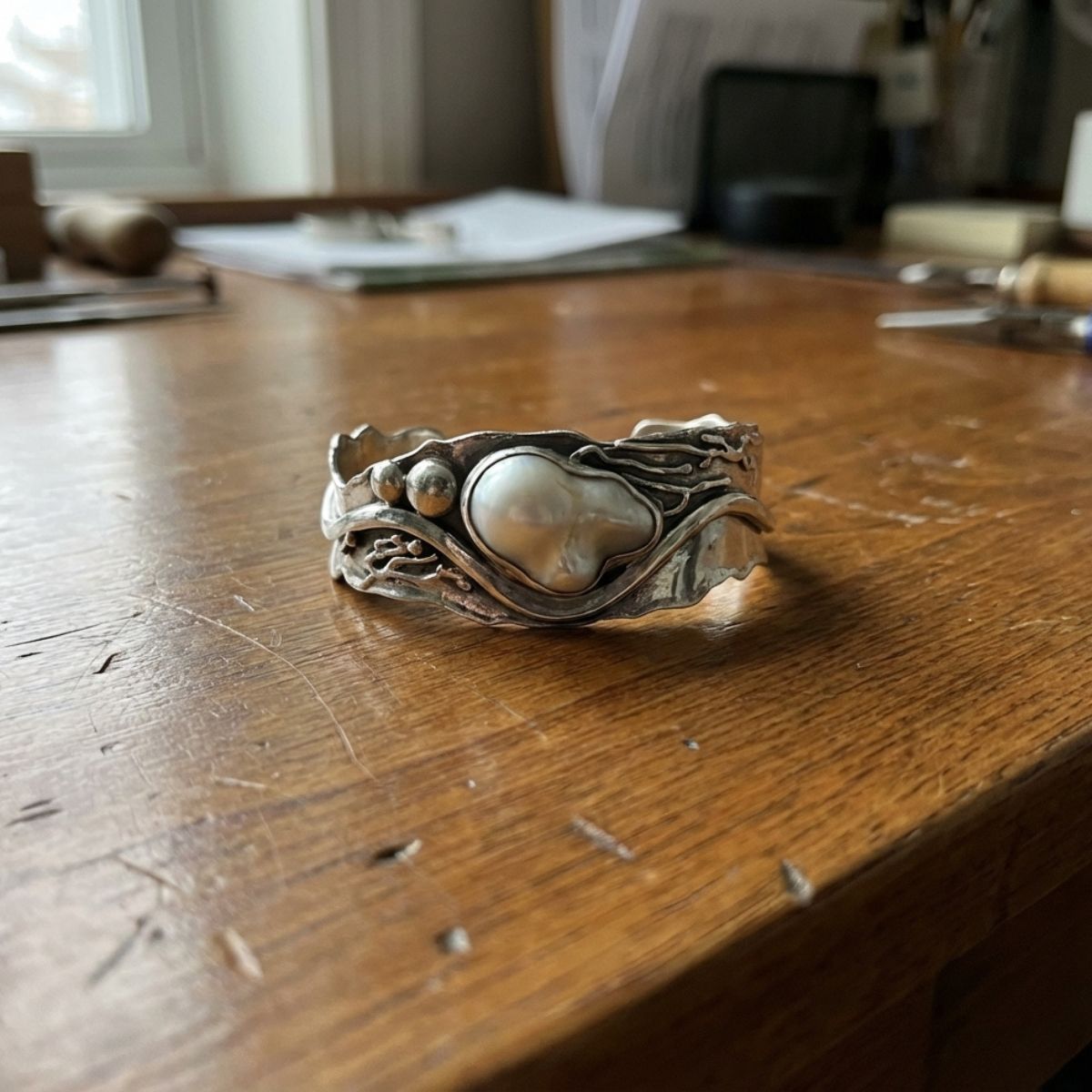 Silver-tone wave ring holding an irregular baroque faux pearl