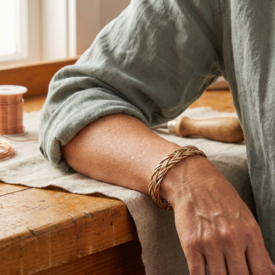 The braided copper cuff worn on the wrist with a rolled linen sleeve