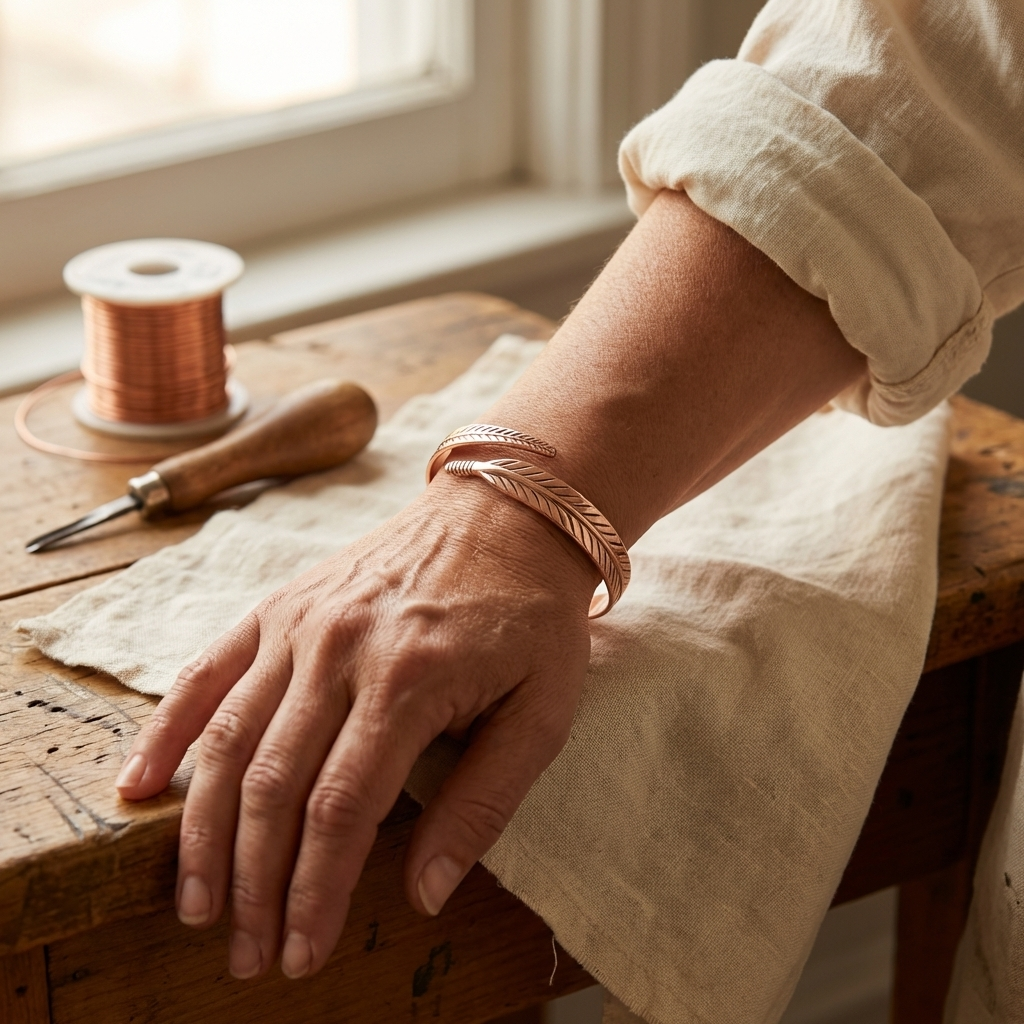 The copper feather cuff bracelet worn on a wrist beside a workbench