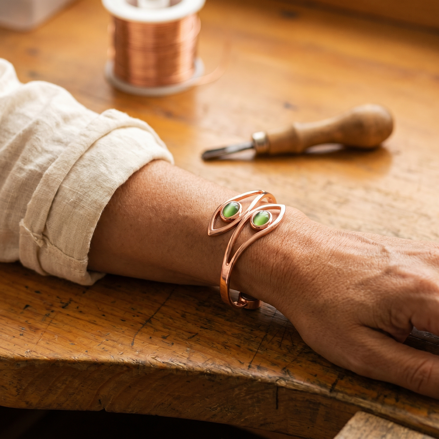 The copper-tone cuff bracelet worn on a wrist, showing how the open back sits