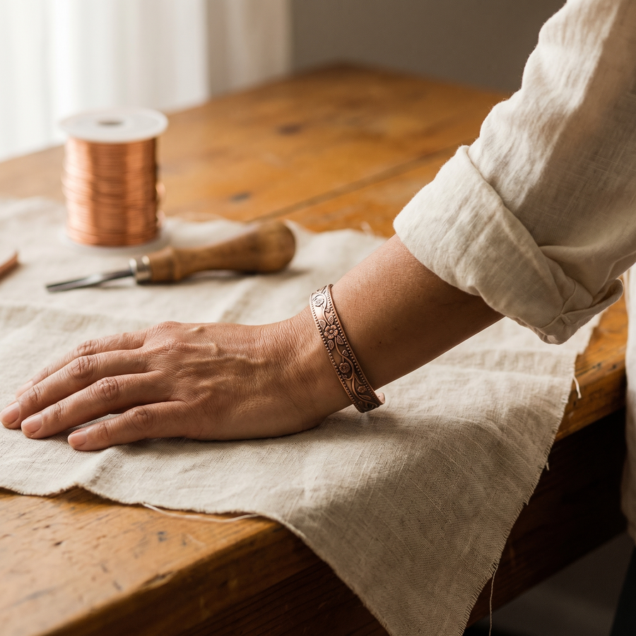 The copper-tone floral cuff worn on a wrist at a work table