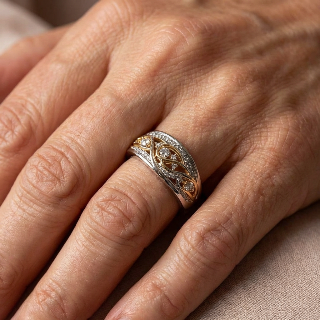 Two-tone openwork ring with a cut-out vine pattern and gold-tone leaves