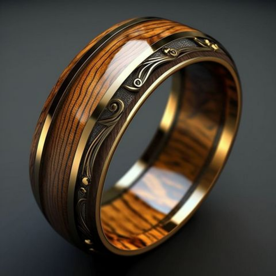 Wide band ring with a wood-grain effect centre, gold-tone rails and a scrolled motif