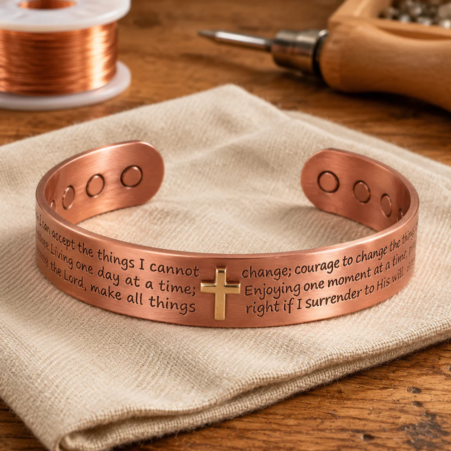 Wide brushed copper cuff bracelet engraved with the Serenity Prayer and a gold-tone cross at the centre