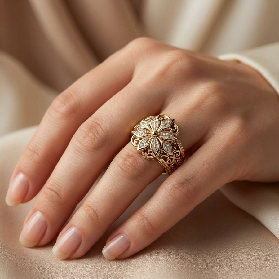 Wide gold-tone band ring with a raised flower and openwork filigree sides